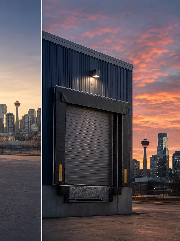 Commercial overhead door with Calgary Tower in background at sunset